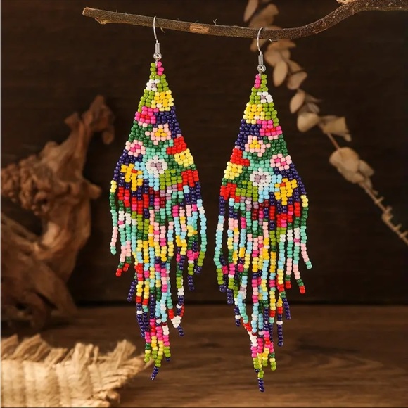 Handmade Navy Rainbow Floral Seed Bead Dangle Earrings - Picture 1 of 11